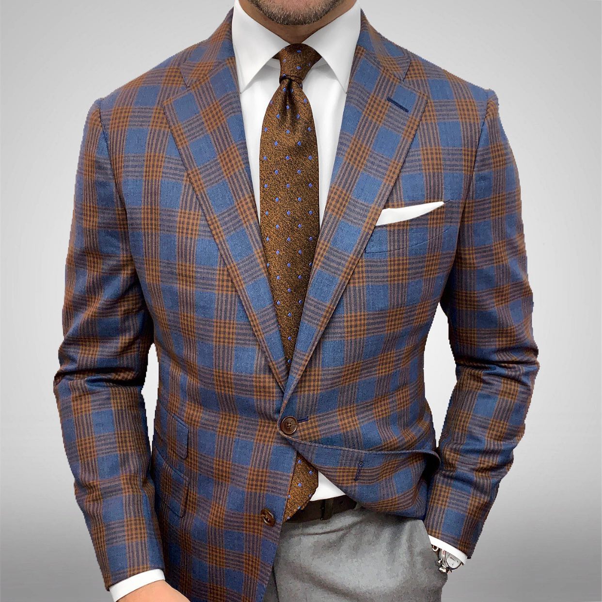 Brown Blue Plaid Casual Blazer