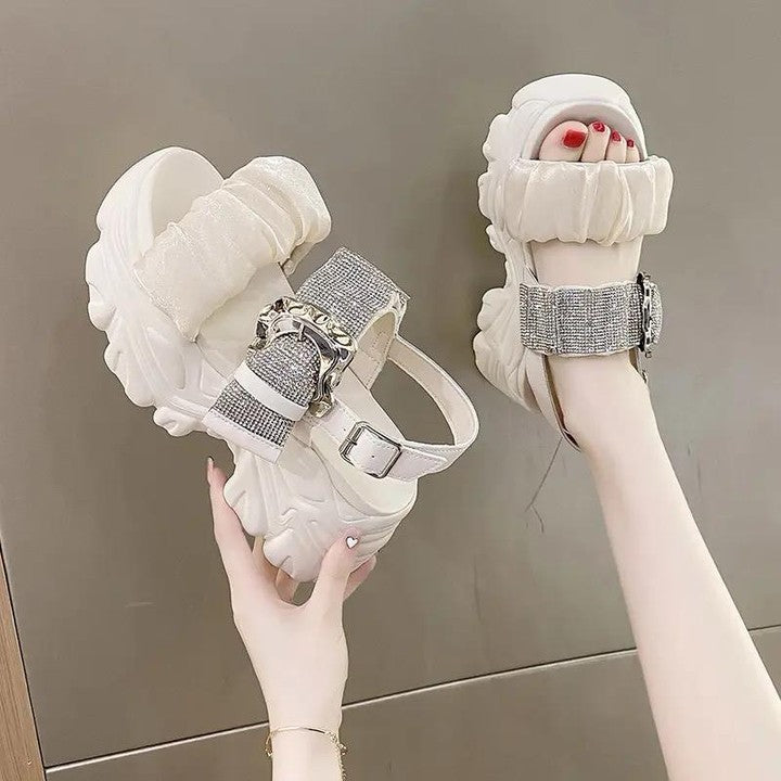 Korean rhinestone heightening metal buckle muffin sandals