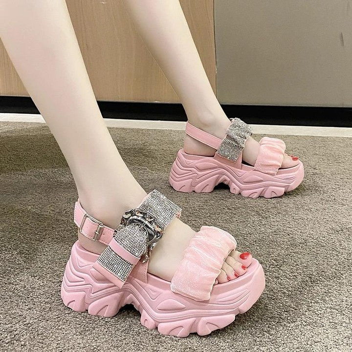 Korean rhinestone heightening metal buckle muffin sandals