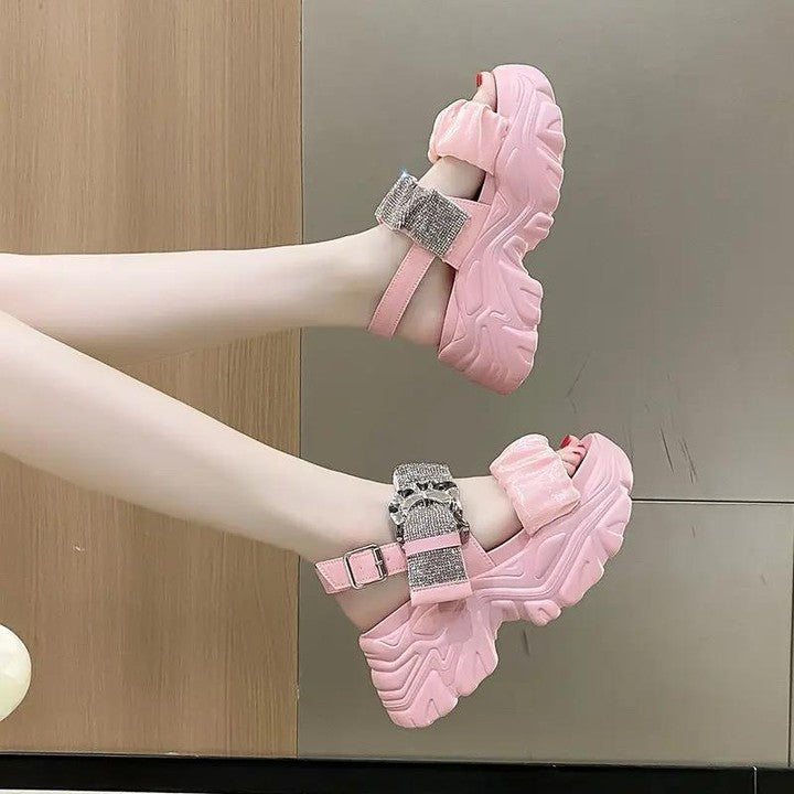 Korean rhinestone heightening metal buckle muffin sandals