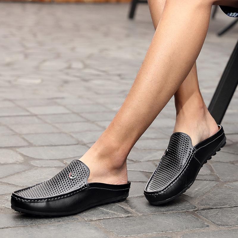 Men's new breathable semi-slippers, leather sandals and slippers, driving lazy shoes