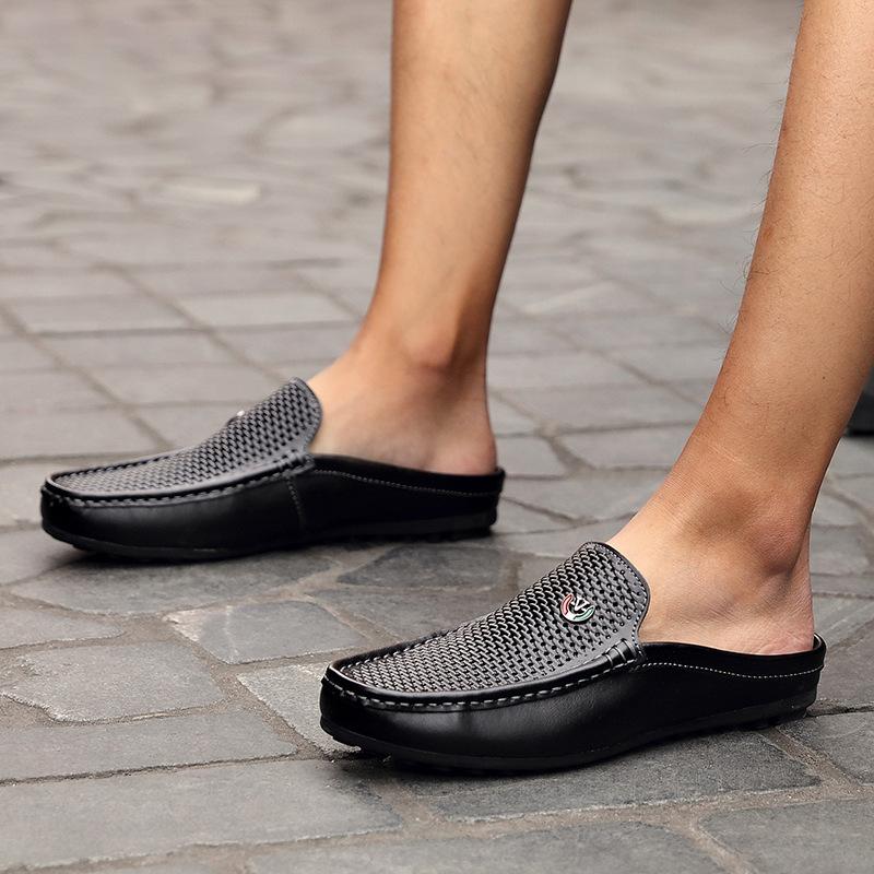 Men's new breathable semi-slippers, leather sandals and slippers, driving lazy shoes