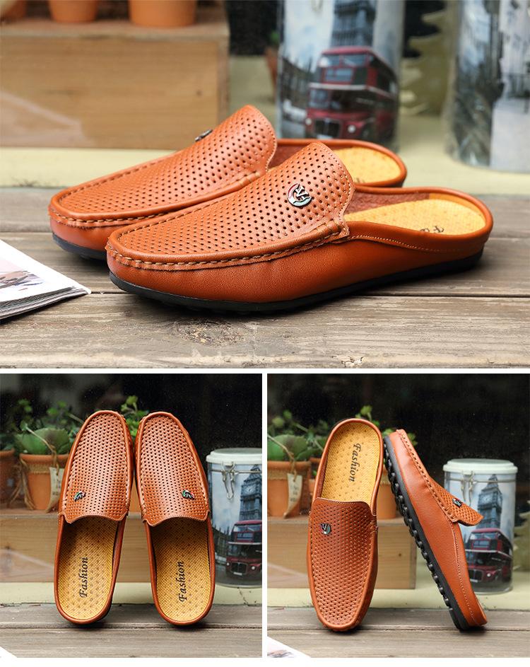 Men's new breathable semi-slippers, leather sandals and slippers, driving lazy shoes