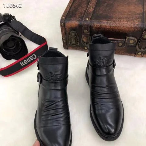 Men's Handmade Embossed Zipper Casual Leather Boots